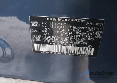 2025 Subaru Outback Premium z USA, uszkodzony, nr VIN 4S4BTACC9S3110909